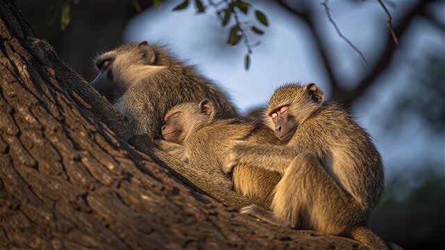 A group of monkeys sleep on tree at night, Hwange National Park, Zimbabwe. 