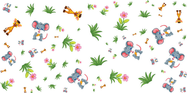 Seamless pattern with mice giraffes flowers and grass on white background