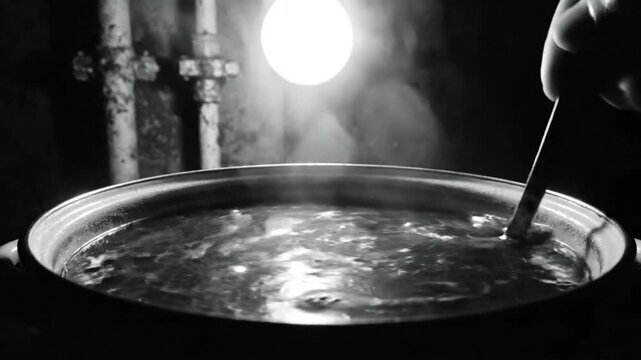 Black and white close-up of a spoon stirring and pouring from a pot of simmering soup in a dark kitchen