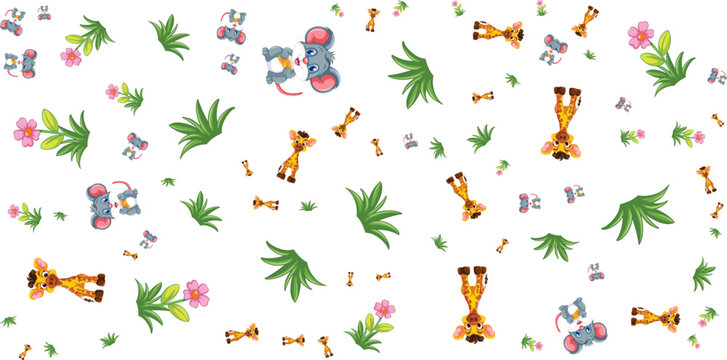 Animal pattern with giraffes mice bones and leaves on white background