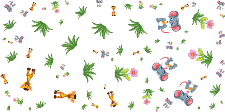 Seamless pattern with giraffes elephants butterflies and tropical leaves