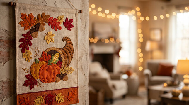 Thanksgiving themed banner on a rustic wall featuring a cornucopia and autumn leaves, set in a cozy living room with warm lighting and blurred background