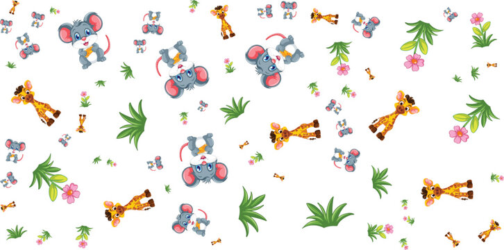 Seamless pattern with elephants giraffes mice and tropical plants