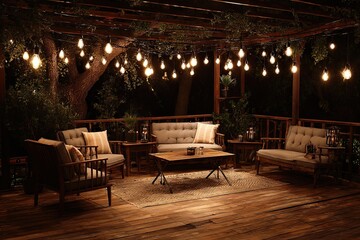 Fototapeta premium Cozy outdoor patio lounge area bathed in warm string light ambiance, perfect for evening relaxation and gatherings.