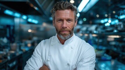 Fototapeta premium A seasoned chef confidently stands with arms crossed in a bustling kitchen, showcasing culinary skills and passion for gastronomy. The atmosphere is vibrant and dynamic.