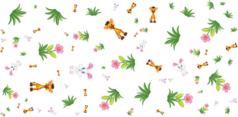 Safari animal pattern with giraffes rabbits and tropical foliage © Shagor