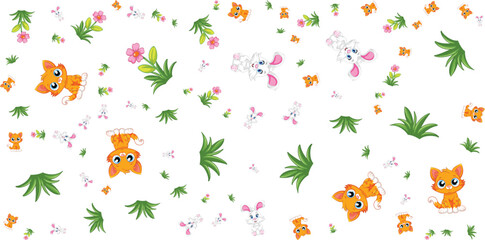 Seamless pattern with kittens rabbits flowers and leaves on white background © Shagor