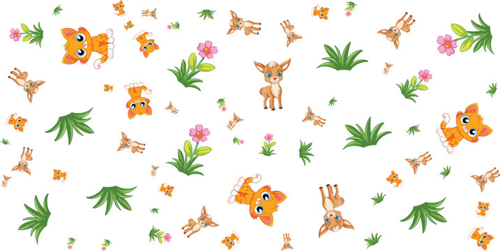 Animal and floral pattern with kittens deer and flowers