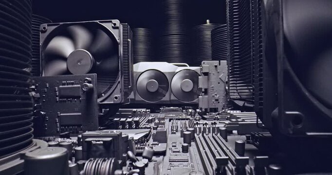 Close up of working motherboards and graphic card on board.