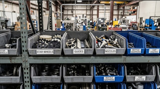 Closeup of labeled bins on changeover tooling racks showcasing neatly arranged star wheels guides and nozzles for streamlined manufacturing processes.