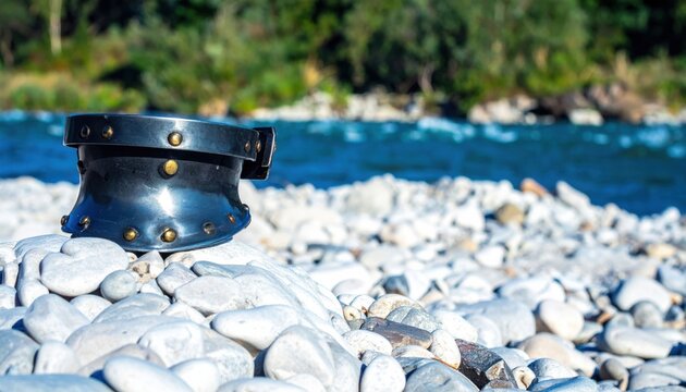 Handcrafted steel gorget neck armor with brass fasteners resting on a pile of smooth river stones, cinematic widescreen composition featuring medieval metalwork in a natural outdoor environment.