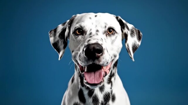 Dalmatian dog portrait with black spots and blue background