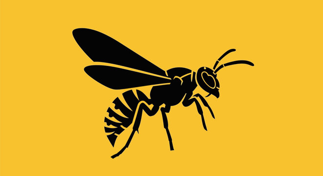 Minimalist silhouette of a flying wasp or hornet on yellow.