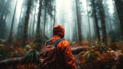 Obraz premium A lone hiker in a vibrant rain jacket navigates a fog-blanketed forest, capturing the essence of adventure, exploration, and solitude amid nature's mysterious embrace.
