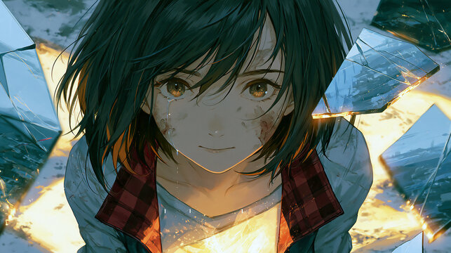 Determined Anime Style Young Character Looking Up with Dramatic Sky Background, Fantasy Illustration Concept