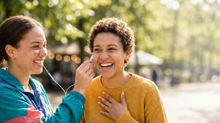 Obraz premium Young friends joyfully sharing headphones outdoors, laughing under soft sunlight in a vibrant park setting with blurred green trees in the background