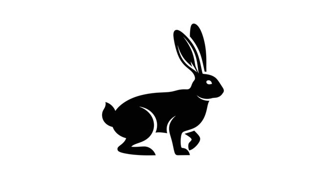 Minimalist black silhouette of a rabbit on a white background.