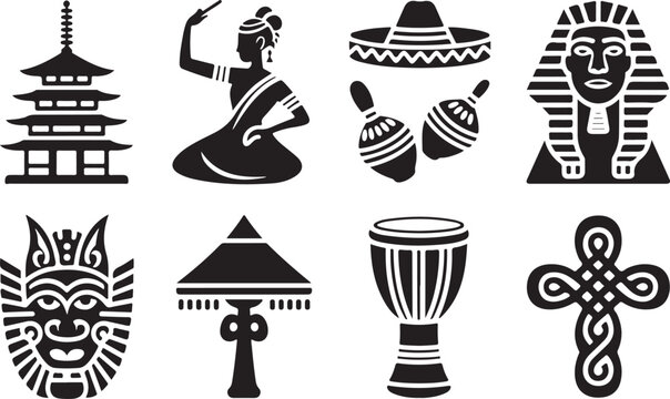 Collection of cultural symbols and icons from around the world in black and white