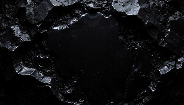 Dunkle gl&auml;nzende Felsstruktur mit glatter schwarzer Fl&auml;che, abstrakter Hintergrund aus feuchtem Stein oder Obsidian