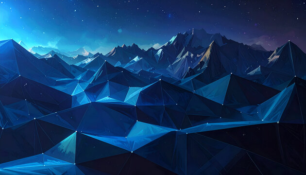 Geometric landscape depicting mountains and a starry sky in cool blue tones