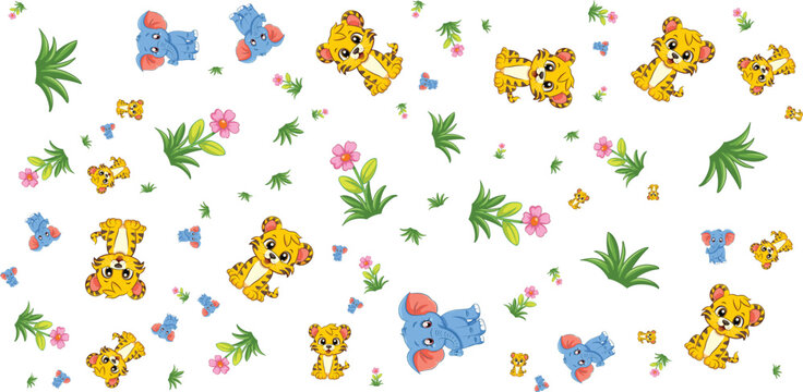 Seamless pattern with tigers elephants flowers and leaves
