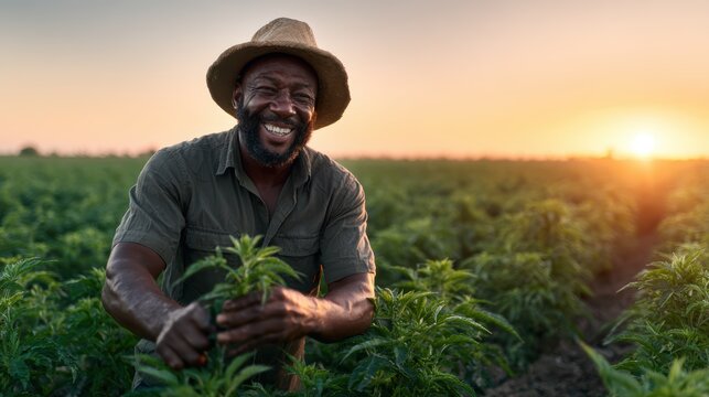A joyful farmer stands amidst lush greenery at sunset, engaging viewers with a warm smile, embodying hard work and passion for agriculture and connection to nature.