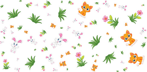 Cartoon rabbits kittens flowers and grass pattern on white background © Shagor