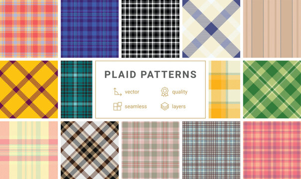 Plaid pattern pack tailored for dresses. Coordinated tartan repeats enhance modern fashion design. Vector geometry stays precise.