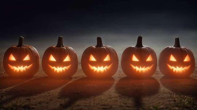 Five Spooky Glowing Halloween Jack O Lanterns in a Row with Foggy Background.