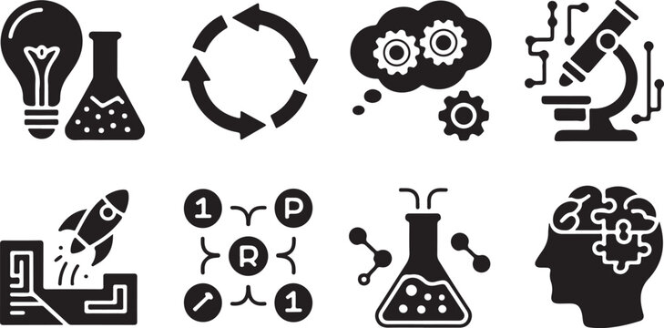 Science technology and innovation icons in black on white background