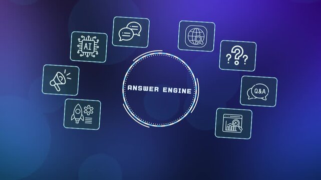  Futuristic AI Answer Engine Interface with Glowing Digital HUD and Data Nodes for Smart Search Technology.
