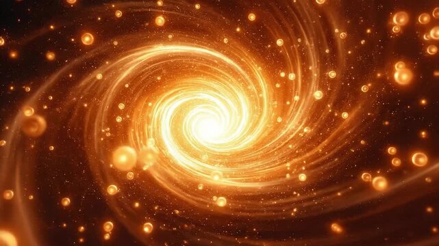 Abstract glowing golden spiral galaxy with floating orbs and particles.