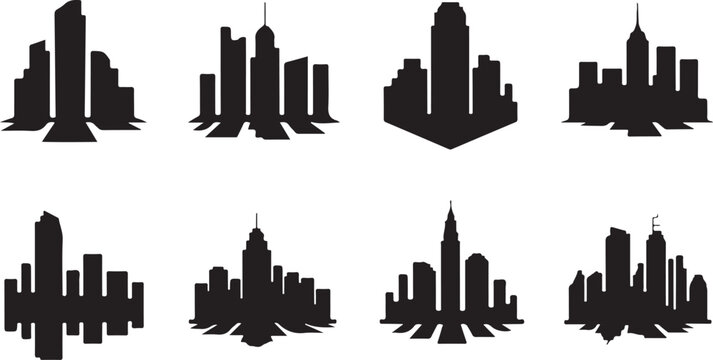 Set of city skylines with various building silhouettes on white background