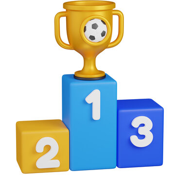 3d render Golden Trophy on Winner's Podium sor soccer 