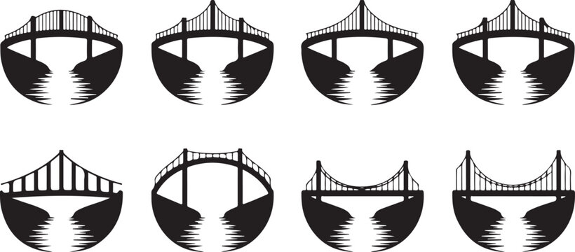 Various bridge silhouettes with water reflections on white background