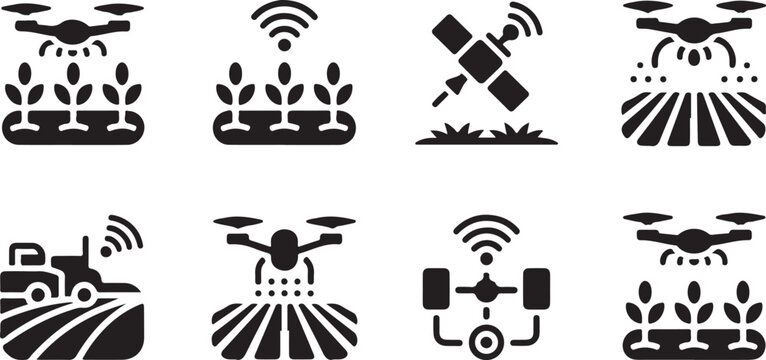 Agricultural technology and precision farming icons with drones and satellite  modern farming tools