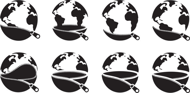 Black and white globe icons with zipper opening earth  various stages