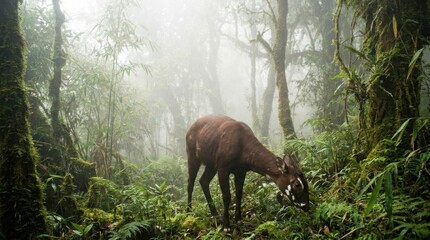 Rare Saola grazing in a dense misty mountain forest, showcasing the mystical beauty of one of Earths most elusive mammals in its natural cinematic habitat with mossy trees and lush green foliage.