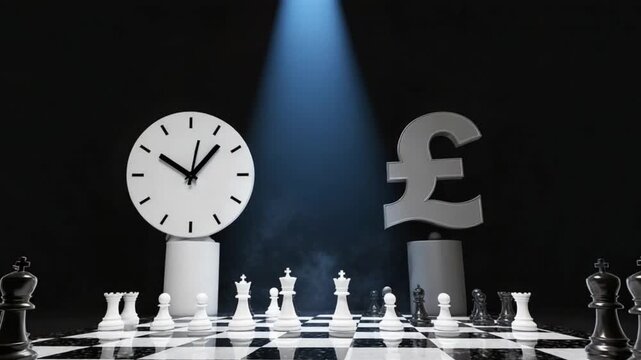 Strategic financial planning with chess pieces, clock, and pound sterling symbol - Time is money concept