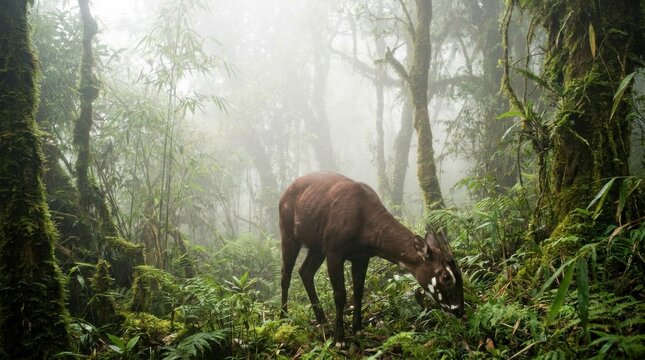 Rare Saola grazing in a dense misty mountain forest, showcasing the mystical beauty of one of Earths most elusive mammals in its natural cinematic habitat with mossy trees and lush green foliage.