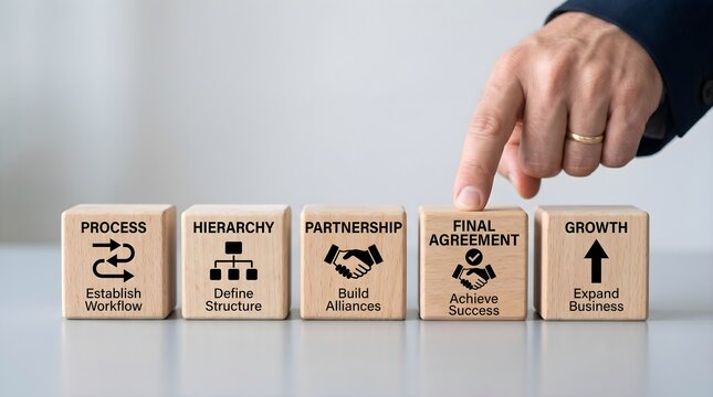 Business growth concept with wooden cubes showing process hierarchy partnership and final agreement.