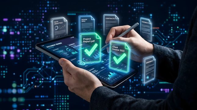 Businessman hand using digital tablet with electronic document management system on virtual screen.