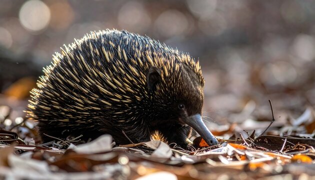 A short beaked echidna foraging in dry leaf litter while displaying its thick coat of sharp protective spines during a cinematic sunny day, captured in a beautiful horizontal widescreen banner.