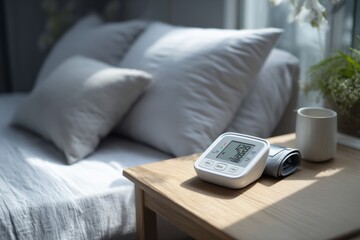 Fototapeta premium Digital Blood Pressure Monitor on Wooden Bedside Table in Bright Bedroom