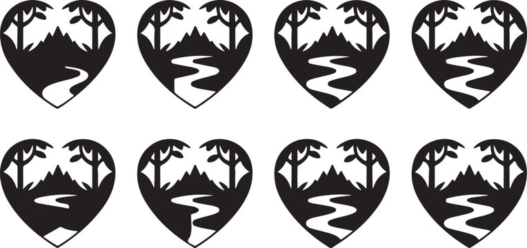 Blackandwhite heart shaped mountain landscape icons with trees and river