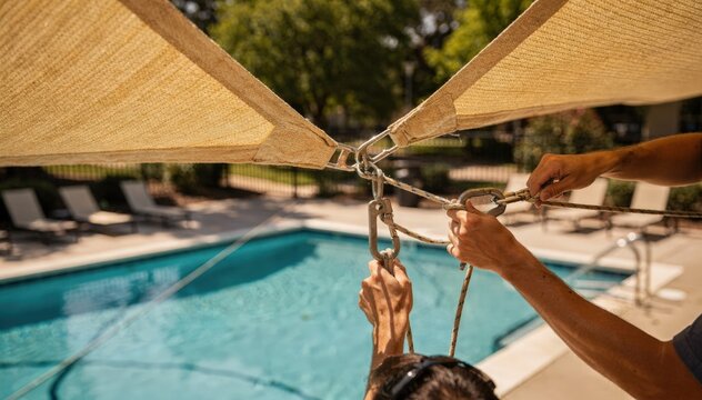 Medium shot featuring workers installing shade sails over a community pool hands and ropes sharply in focus with the partially covered pool deck and trees out of focus.