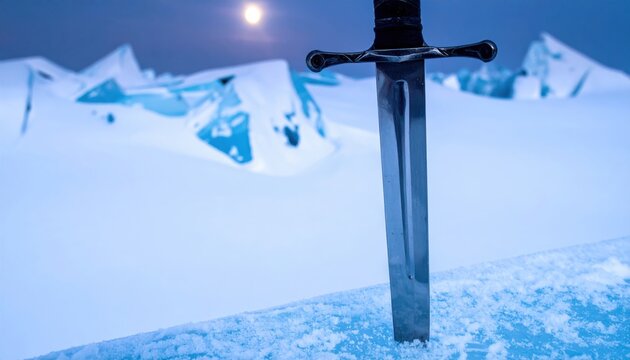 Ancient claymore sword standing upright in frozen ice during a cold winter night under the full moon. Cinematic widescreen view of a medieval steel blade reflection in a snowy mountain landscape.