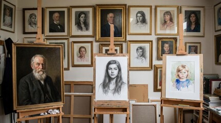 Fototapeta premium Art studio with framed portraits on walls and portrait easels with paintings of people