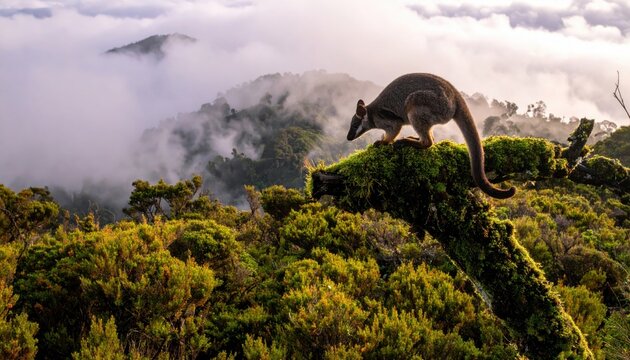Matschie s tree kangaroo clinging to a mossy branch in a high altitude cloud forest, overlooking misty mountains and lush green canopy during golden hour with a cinematic widescreen perspective.