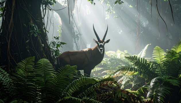 Graceful saola with long straight horns and distinct white facial markings standing in a lush tropical jungle, cinematic sunbeams illuminate this rare forest dweller in a widescreen landscape.
